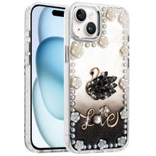 For iPhone 15 Case Floral and Faux Pearl Trim w/ 3D Charms + 2 Tempered Glass