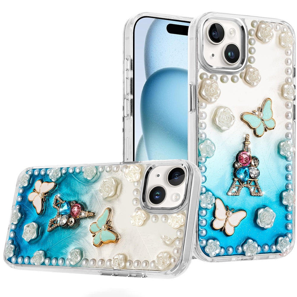 For iPhone 15 Case Floral and Faux Pearl Trim w/ 3D Charms + 2 Tempered Glass