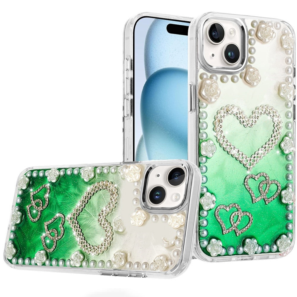 For iPhone 15 Case Floral and Faux Pearl Trim w/ 3D Charms + 2 Tempered Glass
