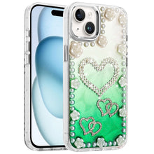 For iPhone 15 Case Floral and Faux Pearl Trim w/ 3D Charms + 2 Tempered Glass