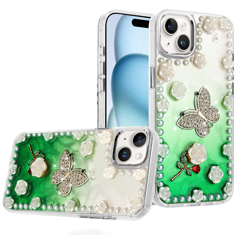 For iPhone 15 Case Floral and Faux Pearl Trim w/ 3D Charms + 2 Tempered Glass