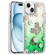 For iPhone 15 Case Floral and Faux Pearl Trim w/ 3D Charms + 2 Tempered Glass