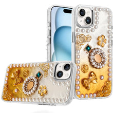 For iPhone 15 Case Floral and Faux Pearl Trim w/ 3D Charms + 2 Tempered Glass