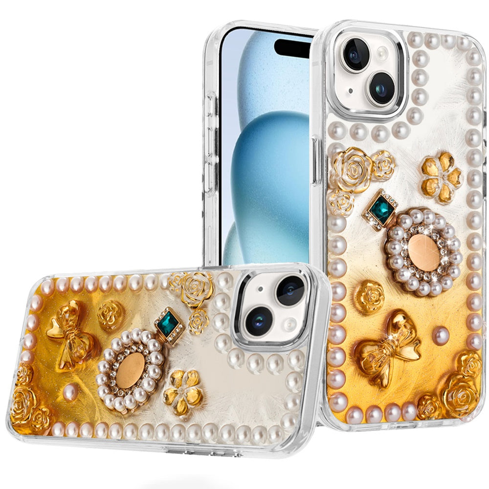 For iPhone 15 Case Floral and Faux Pearl Trim w/ 3D Charms + 2 Tempered Glass
