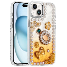 For iPhone 15 Case Floral and Faux Pearl Trim w/ 3D Charms + 2 Tempered Glass