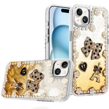 For iPhone 15 Case Floral and Faux Pearl Trim w/ 3D Charms + 2 Tempered Glass