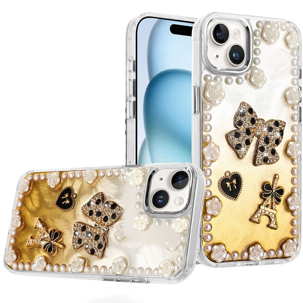 For iPhone 15 Case Floral and Faux Pearl Trim w/ 3D Charms + 2 Tempered Glass