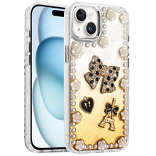 For iPhone 15 Case Floral and Faux Pearl Trim w/ 3D Charms + 2 Tempered Glass