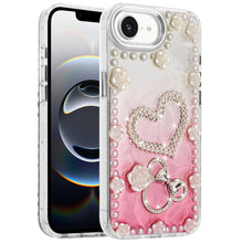 For iPhone 16e Case Floral and Faux Pearl Trim with 3D Charms + Tempered Glass