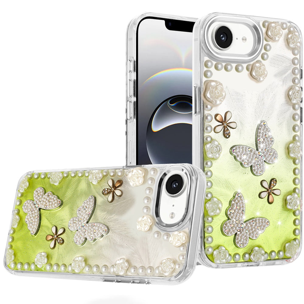 For iPhone 16e Case Floral and Faux Pearl Trim with 3D Charms + Tempered Glass