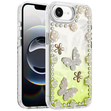 For iPhone 16e Case Floral and Faux Pearl Trim with 3D Charms + Tempered Glass