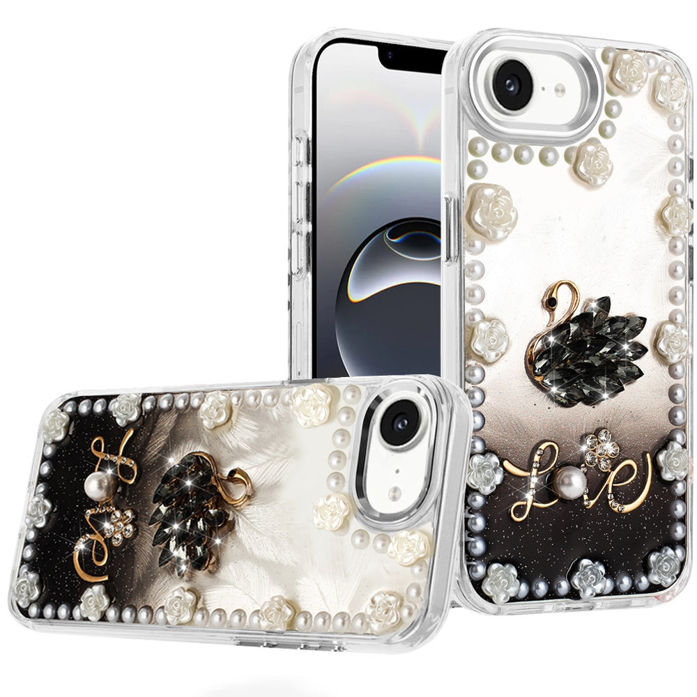 For iPhone 16e Case Floral and Faux Pearl Trim with 3D Charms + Tempered Glass