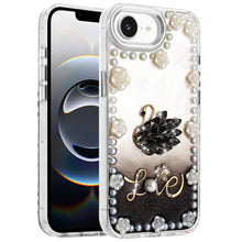 For iPhone 16e Case Floral and Faux Pearl Trim with 3D Charms + Tempered Glass