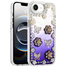 For iPhone 16e Case Floral and Faux Pearl Trim with 3D Charms + Tempered Glass