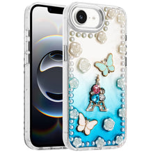 For iPhone 16e Case Floral and Faux Pearl Trim with 3D Charms + Tempered Glass