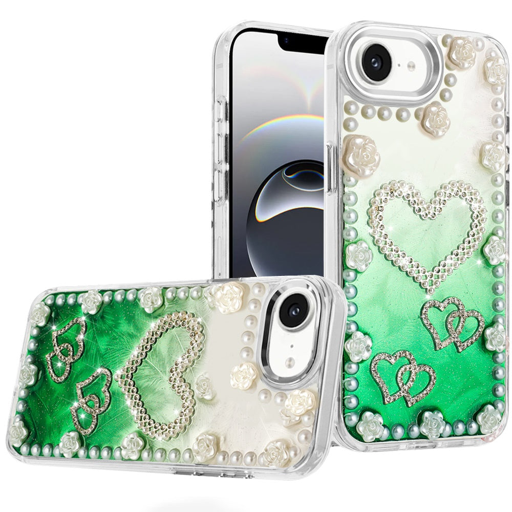 For iPhone 16e Case Floral and Faux Pearl Trim with 3D Charms + Tempered Glass