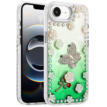 For iPhone 16e Case Floral and Faux Pearl Trim with 3D Charms + Tempered Glass