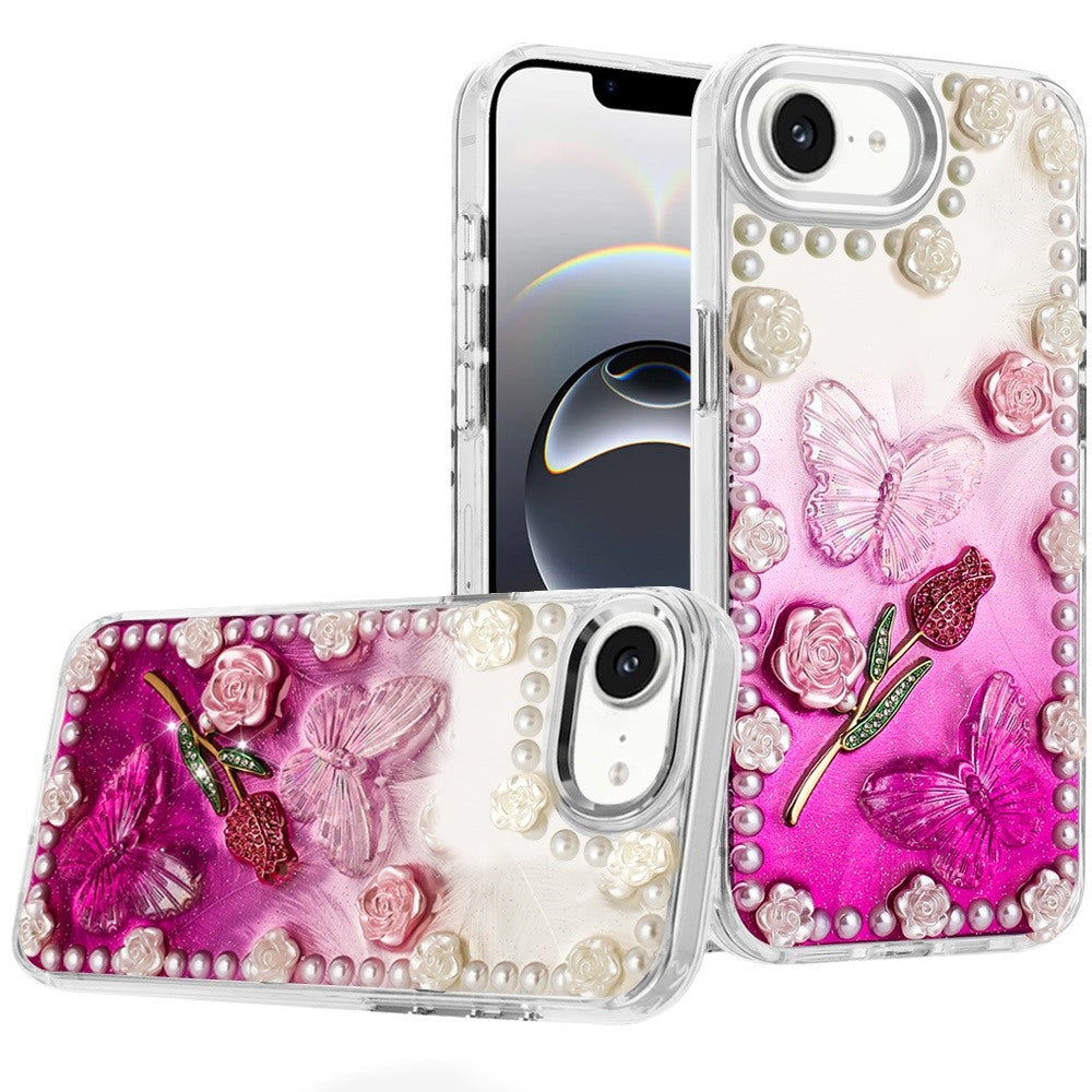 For iPhone 16e Case Floral and Faux Pearl Trim with 3D Charms + Tempered Glass