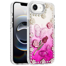 For iPhone 16e Case Floral and Faux Pearl Trim with 3D Charms + Tempered Glass