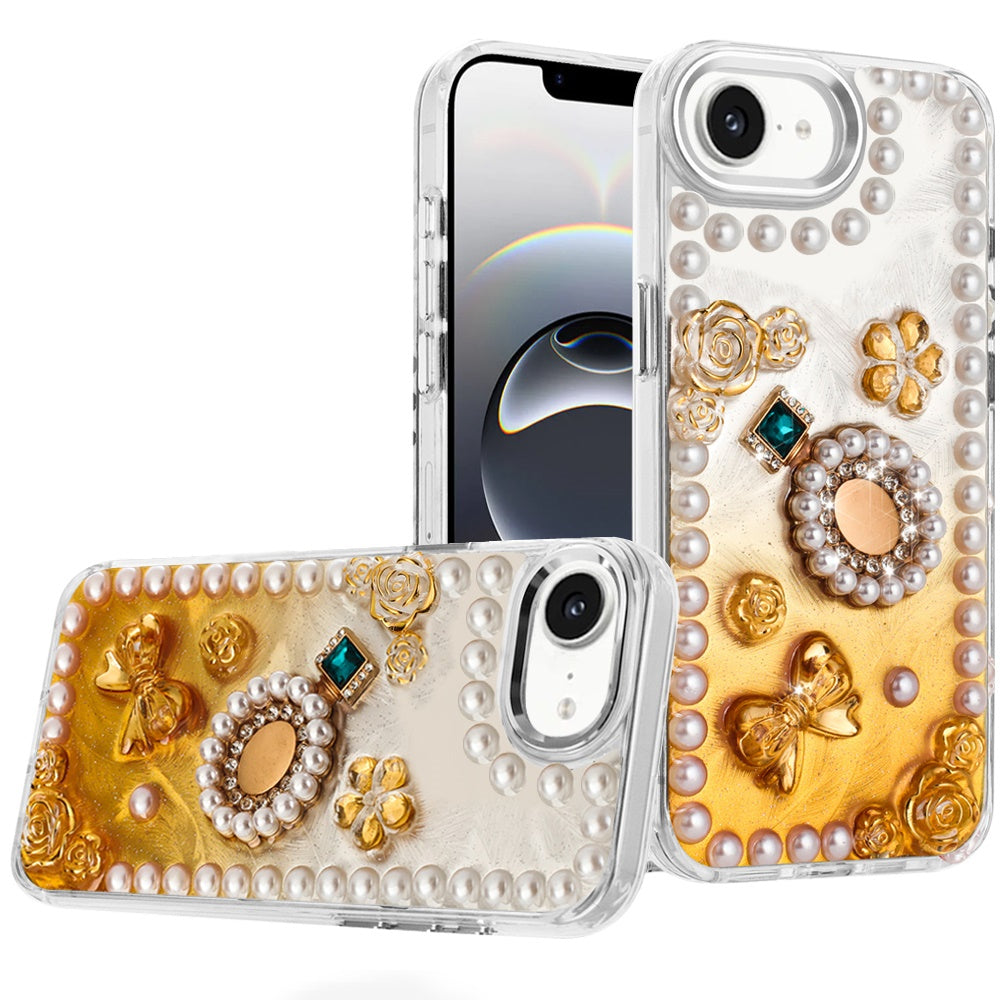 For iPhone 16e Case Floral and Faux Pearl Trim with 3D Charms + Tempered Glass