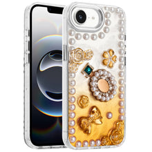 For iPhone 16e Case Floral and Faux Pearl Trim with 3D Charms + Tempered Glass
