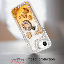For iPhone 16e Case Floral and Faux Pearl Trim with 3D Charms + Tempered Glass