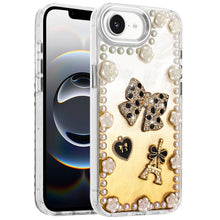 For iPhone 16e Case Floral and Faux Pearl Trim with 3D Charms + Tempered Glass
