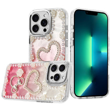 For iPhone 13 Pro Max Case Floral and Faux Pearl Trim with 3D Charms Bling Cover