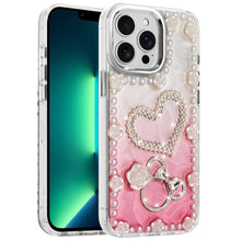 For iPhone 13 Pro Max Case Floral and Faux Pearl Trim with 3D Charms Bling Cover