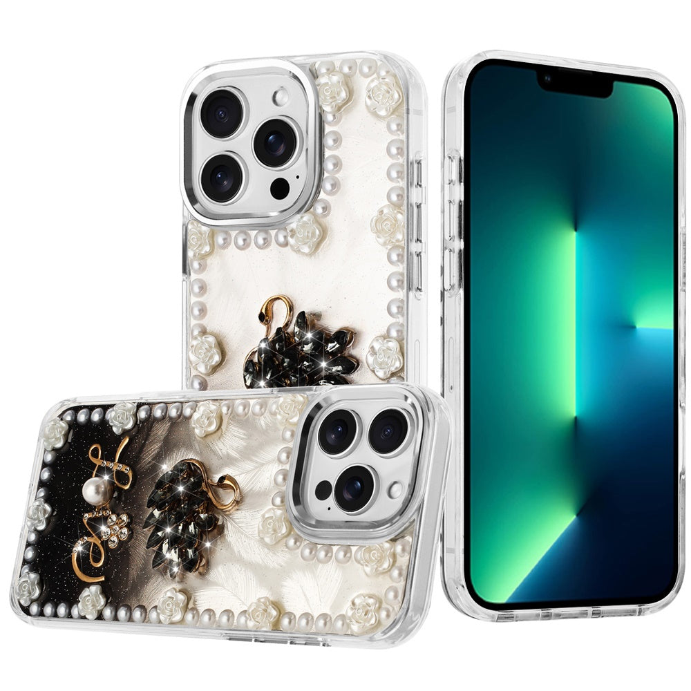 For iPhone 13 Pro Max Case Floral and Faux Pearl Trim with 3D Charms Bling Cover