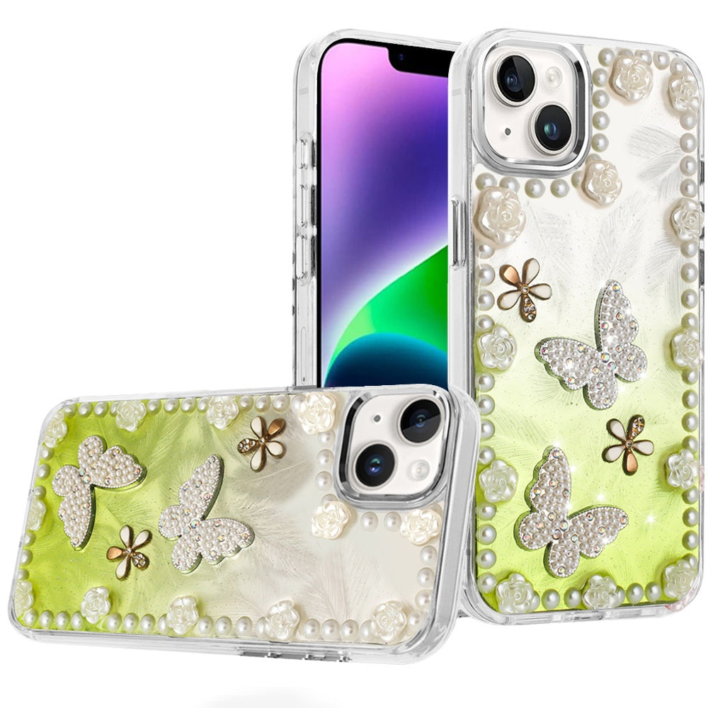 For iPhone 13/14 Case Floral and Faux Pearl Trim w/ 3D Charms + Tempered Glass