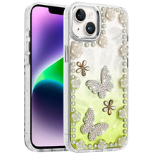For iPhone 13/14 Case Floral and Faux Pearl Trim w/ 3D Charms + Tempered Glass