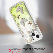 For iPhone 13/14 Case Floral and Faux Pearl Trim w/ 3D Charms + Tempered Glass