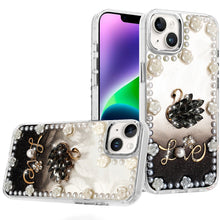 For iPhone 13/14 Case Floral and Faux Pearl Trim w/ 3D Charms + Tempered Glass