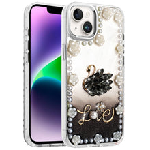 For iPhone 13/14 Case Floral and Faux Pearl Trim w/ 3D Charms + Tempered Glass