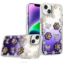 For iPhone 13/14 Case Floral and Faux Pearl Trim w/ 3D Charms + Tempered Glass