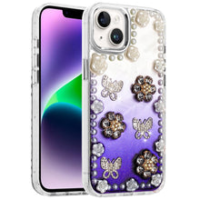 For iPhone 13/14 Case Floral and Faux Pearl Trim w/ 3D Charms + Tempered Glass