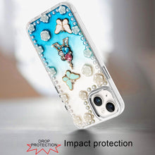 For iPhone 13/14 Case Floral and Faux Pearl Trim w/ 3D Charms + Tempered Glass
