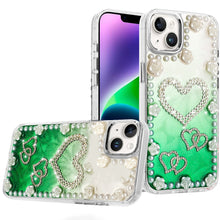 For iPhone 13/14 Case Floral and Faux Pearl Trim w/ 3D Charms + Tempered Glass