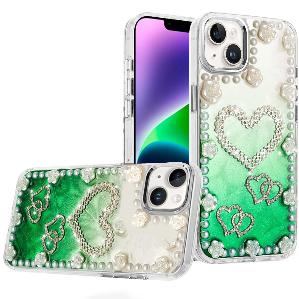 For iPhone 13/14 Case Floral and Faux Pearl Trim w/ 3D Charms + Tempered Glass