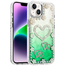 For iPhone 13/14 Case Floral and Faux Pearl Trim w/ 3D Charms + Tempered Glass