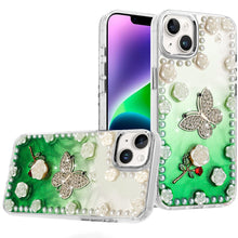 For iPhone 13/14 Case Floral and Faux Pearl Trim w/ 3D Charms + Tempered Glass