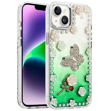 For iPhone 13/14 Case Floral and Faux Pearl Trim w/ 3D Charms + Tempered Glass