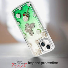 For iPhone 13/14 Case Floral and Faux Pearl Trim w/ 3D Charms + Tempered Glass