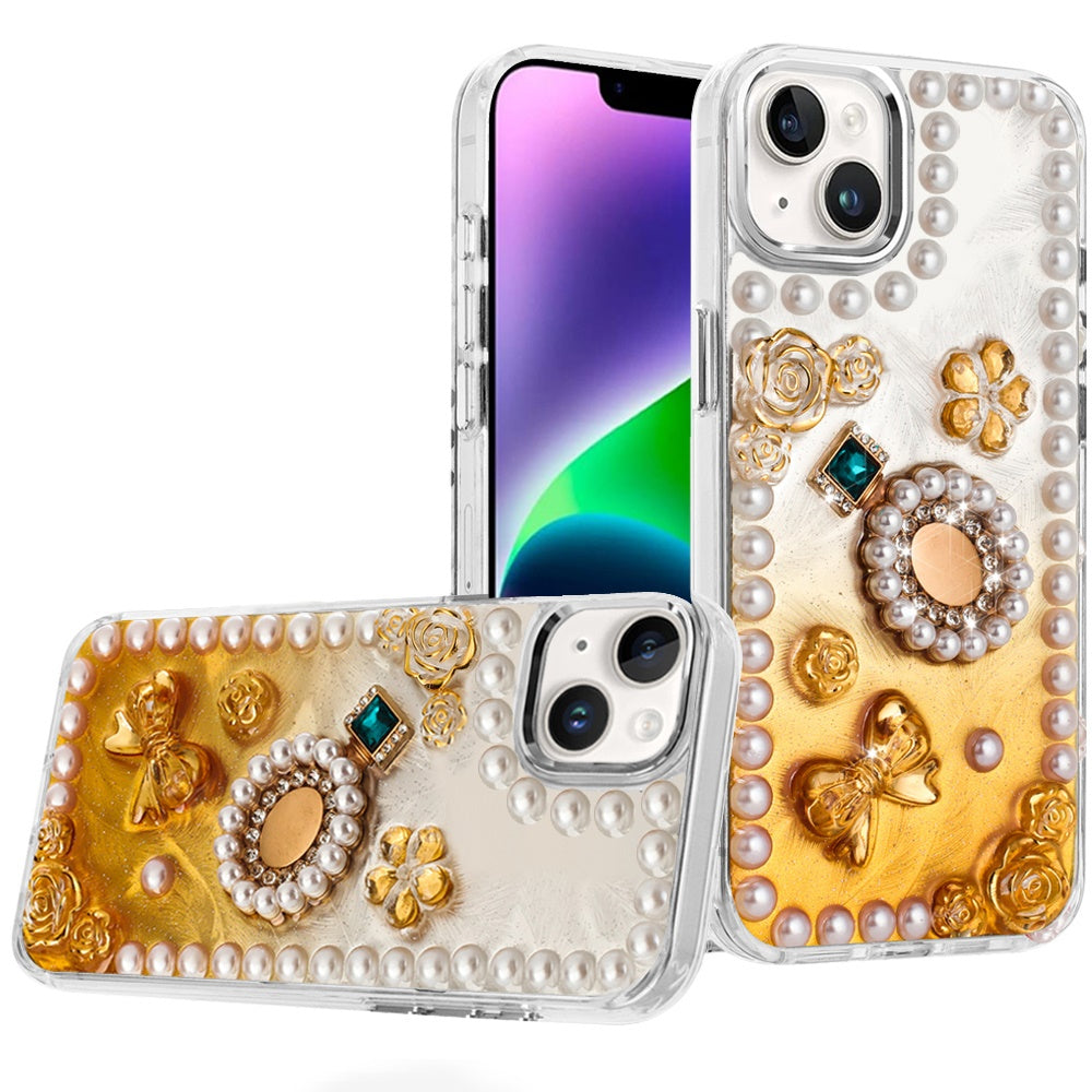 For iPhone 13/14 Case Floral and Faux Pearl Trim w/ 3D Charms + Tempered Glass