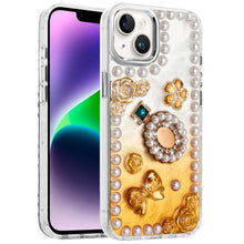 For iPhone 13/14 Case Floral and Faux Pearl Trim w/ 3D Charms + Tempered Glass