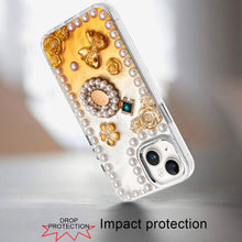 For iPhone 13/14 Case Floral and Faux Pearl Trim w/ 3D Charms + Tempered Glass