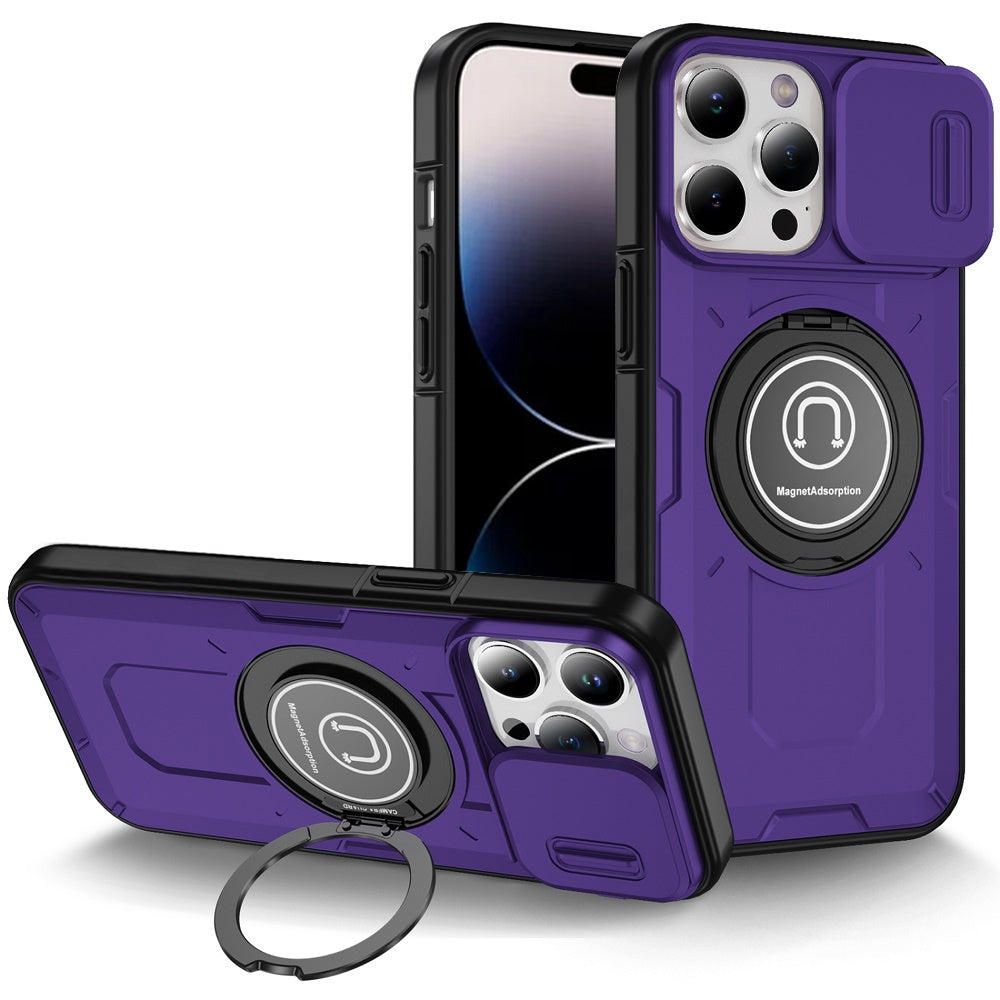 For iPhone 14 PRO MAX 6.7 in. Case Sliding Lens Cover Metal Rotating Ring Stand