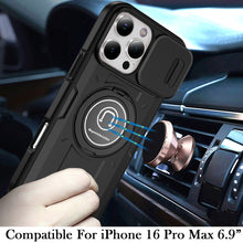 For iPhone 16 PRO MAX Case Sliding Lens Cover Metal Ring Stand + Tempered Glass