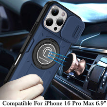 For iPhone 16 PRO MAX Case Sliding Lens Cover Metal Ring Stand + Tempered Glass